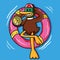 Cute Duck Swimming With Balloon And Holding Juice Cartoon Vector Icon Illustration. Animal Holiday Icon Concept Isolated Premium