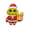 cute duck wearing santa costume and giving christmas gifts, cartoon animal mascot in christmas costume