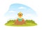 Cute Duckling Baby Sitting on Green Lawn on Beautiful Summer Landscape Vector Illustration
