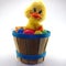 Cute duckling sitting on bucket full of assorted colored easter eggs