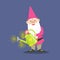 Cute dwarf gardener in pink clothes standing and holding a watering can vector Illustration