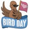 Cute Eared Dove with Flag and Ribbon Celebrating Bird Day, Vector Illustration