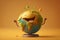 Cute Earth character laughting on yellow background, Happy Earth day, World laughter day. Generative ai