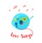 Cute Earth with microphone sings love songs on white background. Flat style. Vector illustration