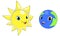 Cute Earth and Sun, planet, satellite and star, Solar system, cartoon characters, vector.