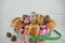 Cute Easter basket gift filled with chocolate eggs and Easter bunny decoration