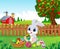 Cute Easter Bunny cartoon painting an egg in the garden