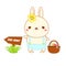 Cute Easter bunny with eggs. Cartoon kawaii rabbit going egg hunt. Isolated clip art, sticker for Easter design