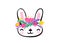 Cute easter bunny face with minimal fantasy spring flowers at his head. Vector illustration in hand drawing sketch