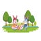 Cute easter bunny happy friends artist nature background trees