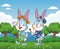 Cute easter bunny happy friends artist nature background trees