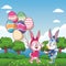 Cute easter bunny happy friends egg ballons nature background trees