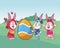 Cute easter bunny happy friends nature background bushes