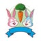 Cute easter bunny happy friends portrait with carrot round frame ribbon banner