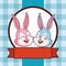 Cute easter bunny happy friends portrait checkered background round frame ribbon banner