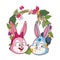 Cute easter bunny happy friends portrait floral wreath round frame