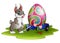 Cute easter bunny with large eggs painted on a cart