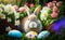 A cute easter bunny among painted multicolor eggs and flowers in a big garden, copy space , generative AI