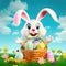 Cute easter bunny smiling surrounded by easter eggs, cartoon style. Generative AI