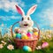 Cute easter bunny smiling surrounded by easter eggs, cartoon style. Generative AI