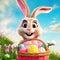 Cute easter bunny smiling surrounded by easter eggs, cartoon style. Generative AI