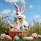 Cute easter bunny smiling surrounded by easter eggs, cartoon style. Generative AI