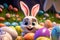 Cute easter bunny smiling surrounded by easter eggs, cartoon style. Generative AI