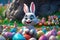 Cute easter bunny smiling surrounded by easter eggs, cartoon style. Generative AI