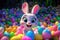 Cute easter bunny smiling surrounded by easter eggs, cartoon style. Generative AI