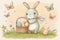 Cute Easter card. Easter bunny with wicker basket full of colorful eggs. AI generative cartoon illustration.