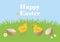 Cute easter chicks in spring landscape vector illustration