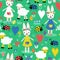 Cute Easter pattern with bunnies, sheep, ladybugs, hearts, eggs and flowers in bright colors. Seamless vector holiday background.