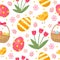 Cute Easter seamless pattern with eggs in basket, birds and flowers. Endless Spring background, texture, digital paper