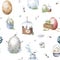 Cute Easter seamless pattern with eggs in basket, flowers. Endless Spring background, texture. Hand painting watercolor cute