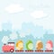 Cute easter spring card with train, eggs, houses,