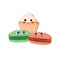 Cute eclair and macaroons flat vector illustration. Adorable creamy cake and cookies cartoon characters. Sweet smiling