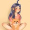 cute edge girl with blue hair sitting with shiba inu anime illustration