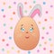 Cute egg rabbit on a pink background with polka dots. Easter holiday. Joyful character for children.