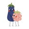 Cute Eggplant and Raspberry Hugging, Cheerful Vegetable and Berry Characters with Funny Faces, Best Friends, Happy