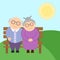 Cute elderly couple sitting on the bench in sunny day