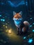 Cute and elegant kawaii fox in the night with fireflies, sparkles, beautiful, fantasy realistic, fine art, digital painting