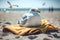 Cute elegant seagull is on summer vacation sunbathing at seaside resort and relaxing on summer beach