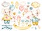 Cute elephant baby boy. Watercolor vector nursery cartoon jungle animals, cute clouds, balloons. Adorable Nurseries
