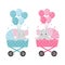 Cute elephant on baby carriage with balloons. Baby gender reveal boy or girl clip art.