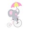 Cute elephant by bicycle with umbrella.