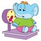 Cute elephant character sits on large scales and is surprised, isolated object on a white background, vector illustration