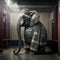 Cute elephant firefighter. Fireman animal head. Generative AI