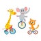 Cute elephant, giraffe, cat animal characters riding unicycle, bicycle, tricycle