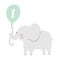 Cute elephant holding a balloon with number one on it. Illustration for first birthday card or party invitation.