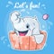 Cute elephant kawaii character social media post mockup. Lets fun lettering. Positive poster, card template with bathing animal in